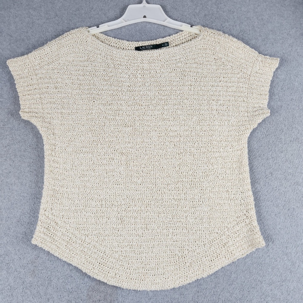 Lauren Ralph Lauren Sweater Women Medium Beige Boat Neck Short Sleeve Curved Hem
